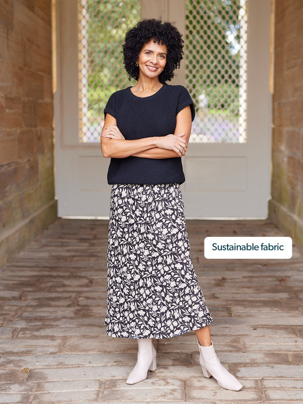 Isabelle Bias Cut Skirt - Monochrome Floral Print
