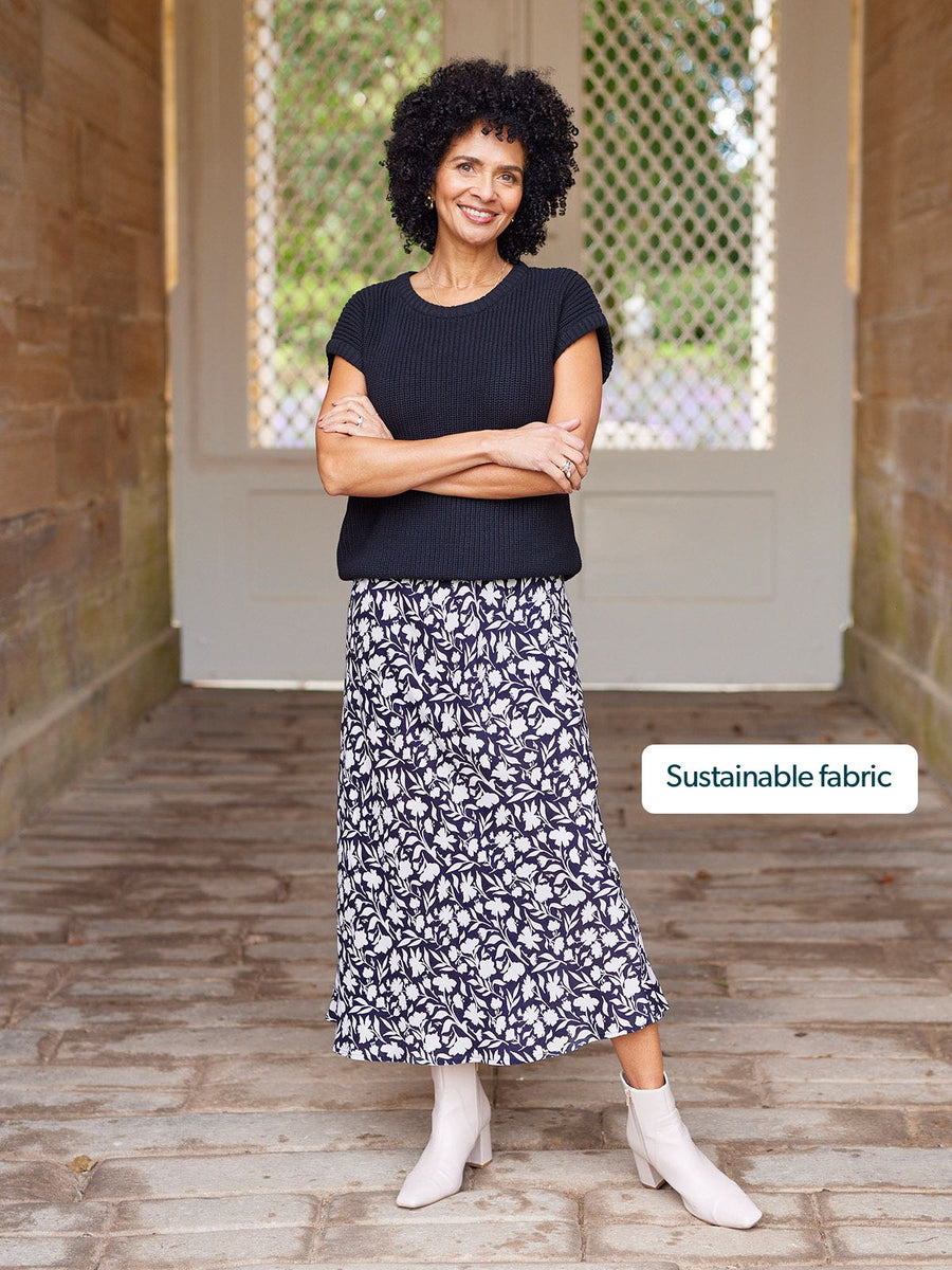 Isabelle Bias Cut Skirt - Monochrome Floral Print