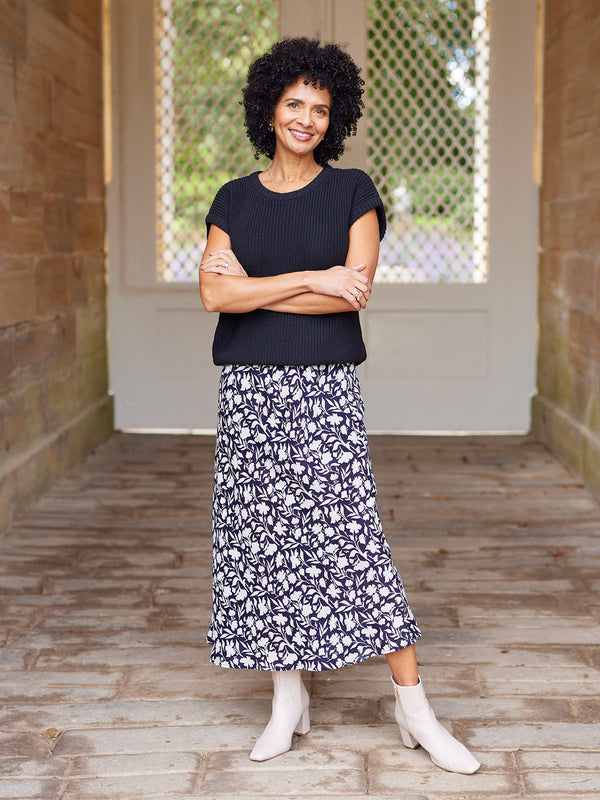 Isabelle Bias Cut Skirt - Monochrome Floral Print