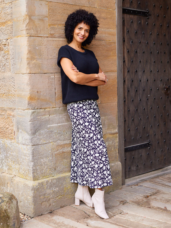 Isabelle Bias Cut Skirt - Monochrome Floral Print