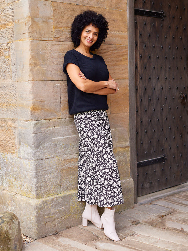 Isabelle Bias Cut Skirt - Monochrome Floral Print