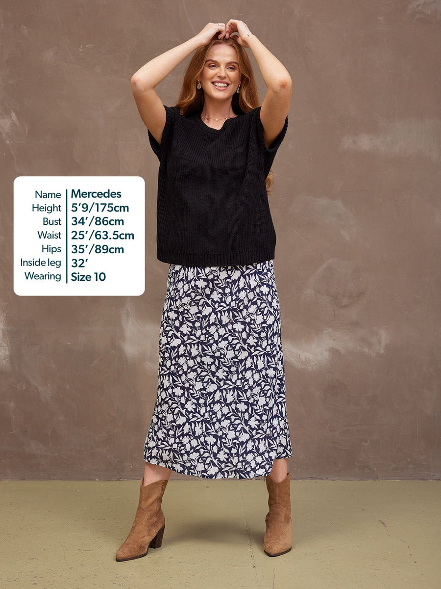 Isabelle Bias Cut Skirt - Monochrome Floral Print