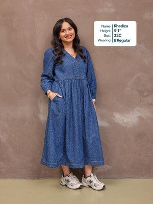 Jessica V-Neck Denim Dress - Printed Paisley