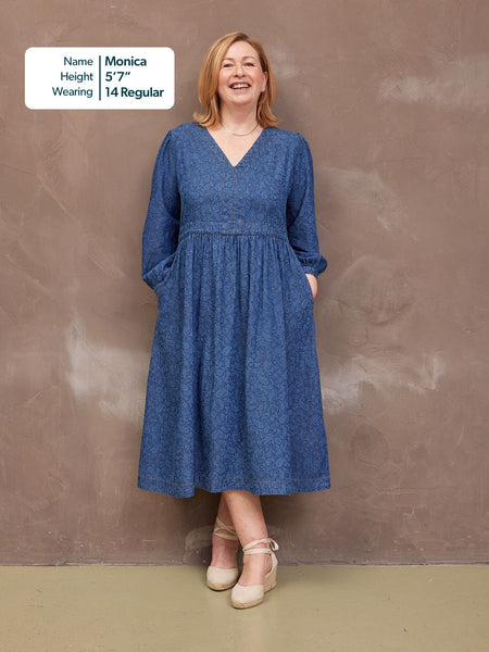 Jessica V-Neck Denim Dress - Printed Paisley