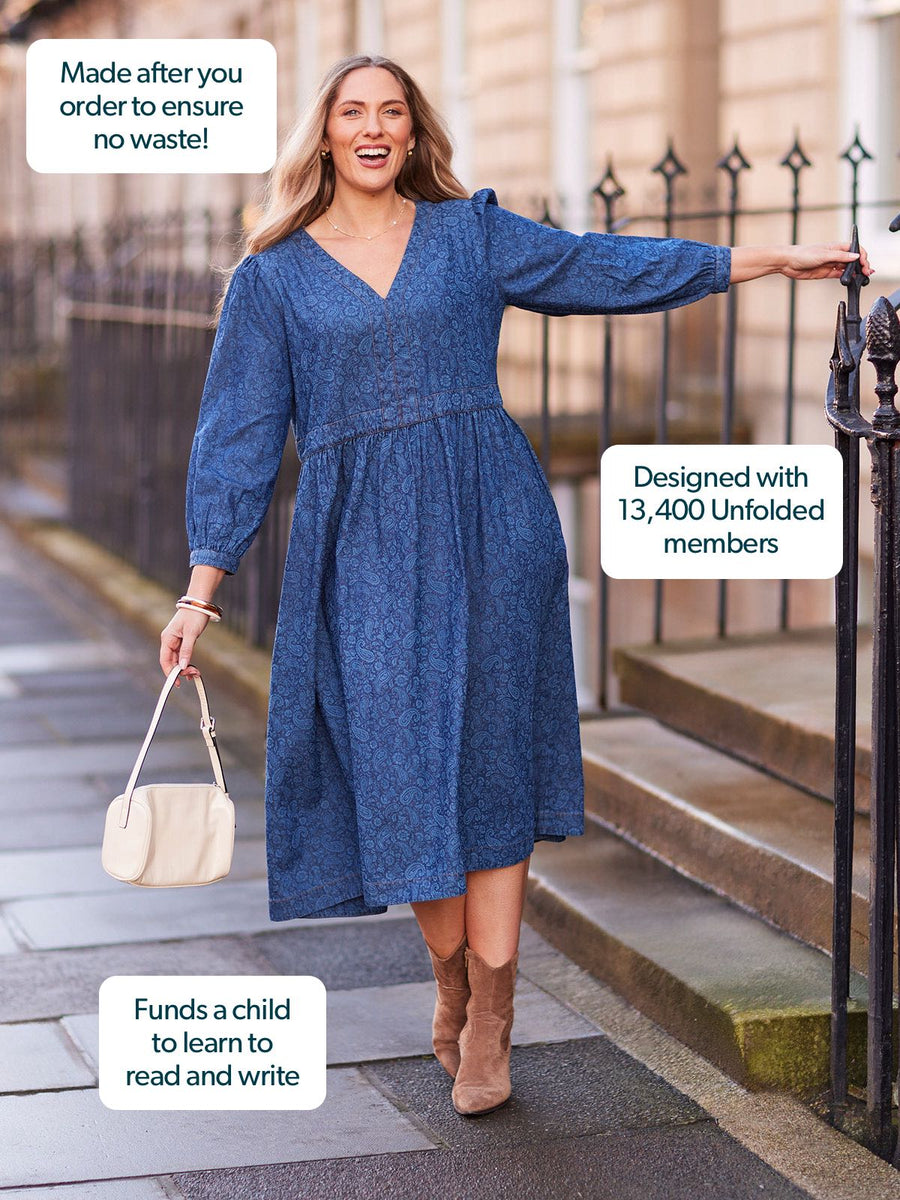 Jessica V-Neck Denim Dress - Printed Paisley