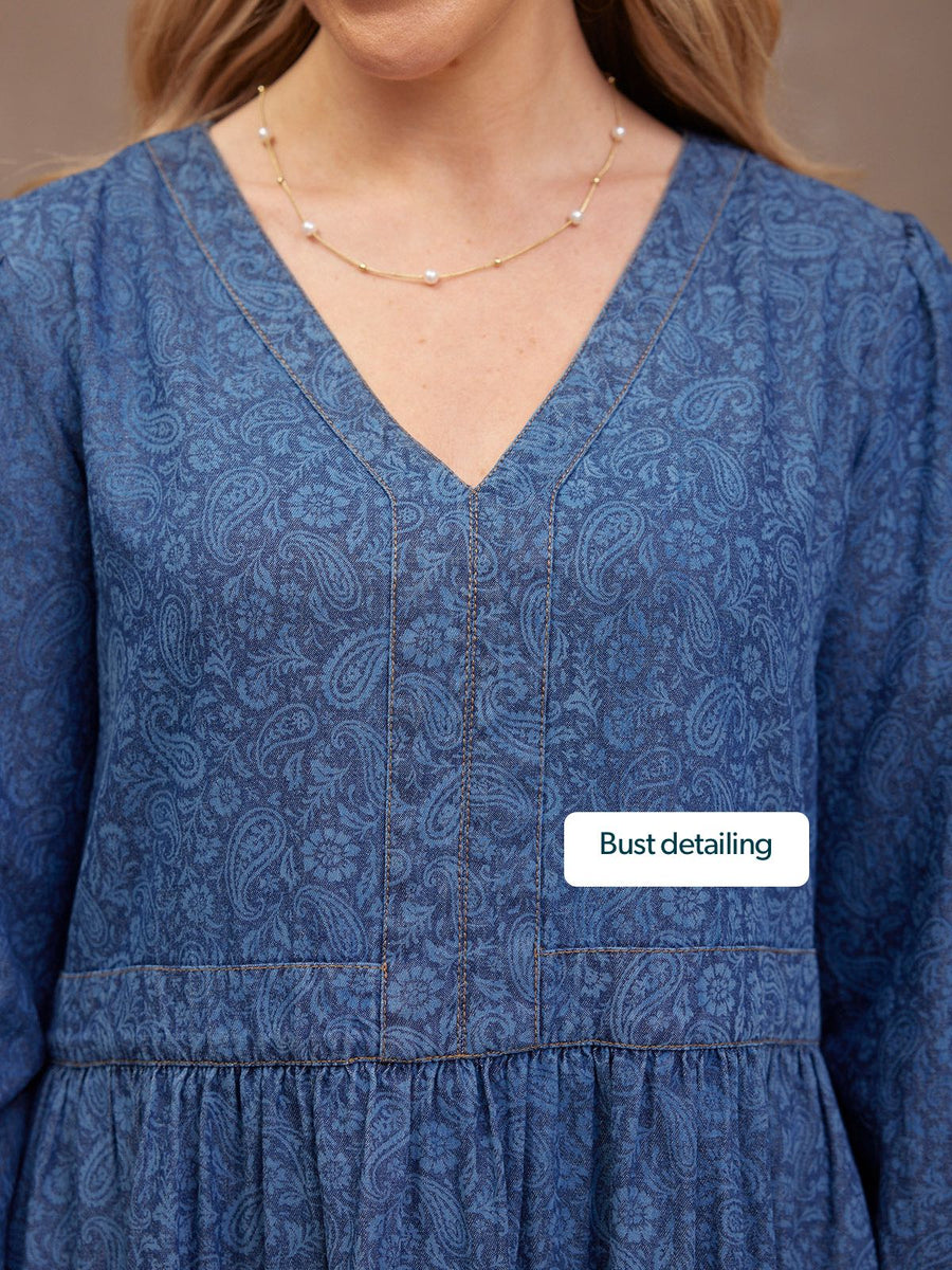 Jessica V-Neck Denim Dress - Printed Paisley