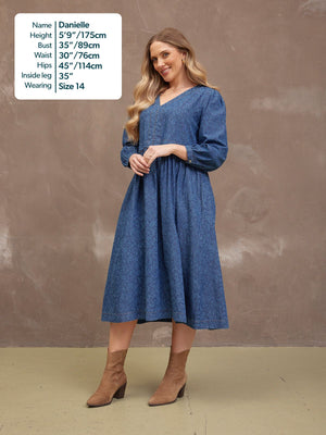 Jessica V-Neck Denim Dress - Printed Paisley