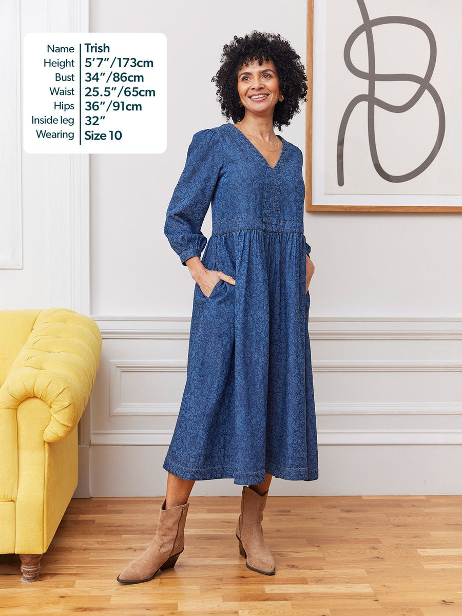 Jessica V-Neck Denim Dress - Printed Paisley This is Unfolded Jessica V-Neck Denim Dress - Printed Paisley This is Unfolded