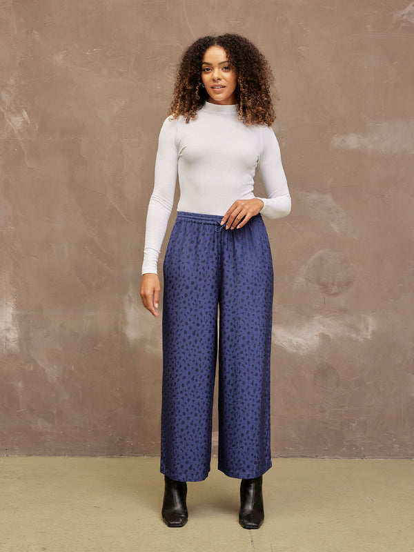 Jo - Wide Leg Satin Trousers - Navy