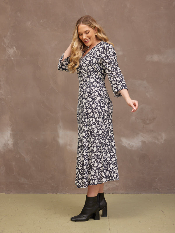 Joanna Bias Cut Dress - Monochrome Floral