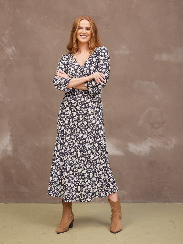 Joanna Bias Cut Dress - Monochrome Floral