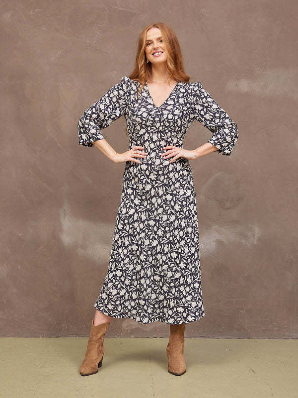 Joanna Bias Cut Dress - Monochrome Floral