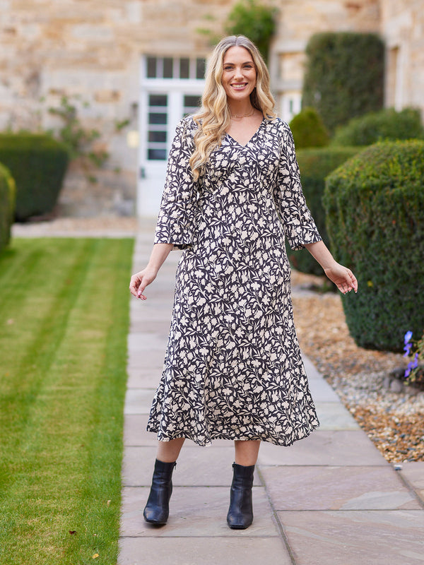 Joanna Bias Cut Dress - Monochrome Floral