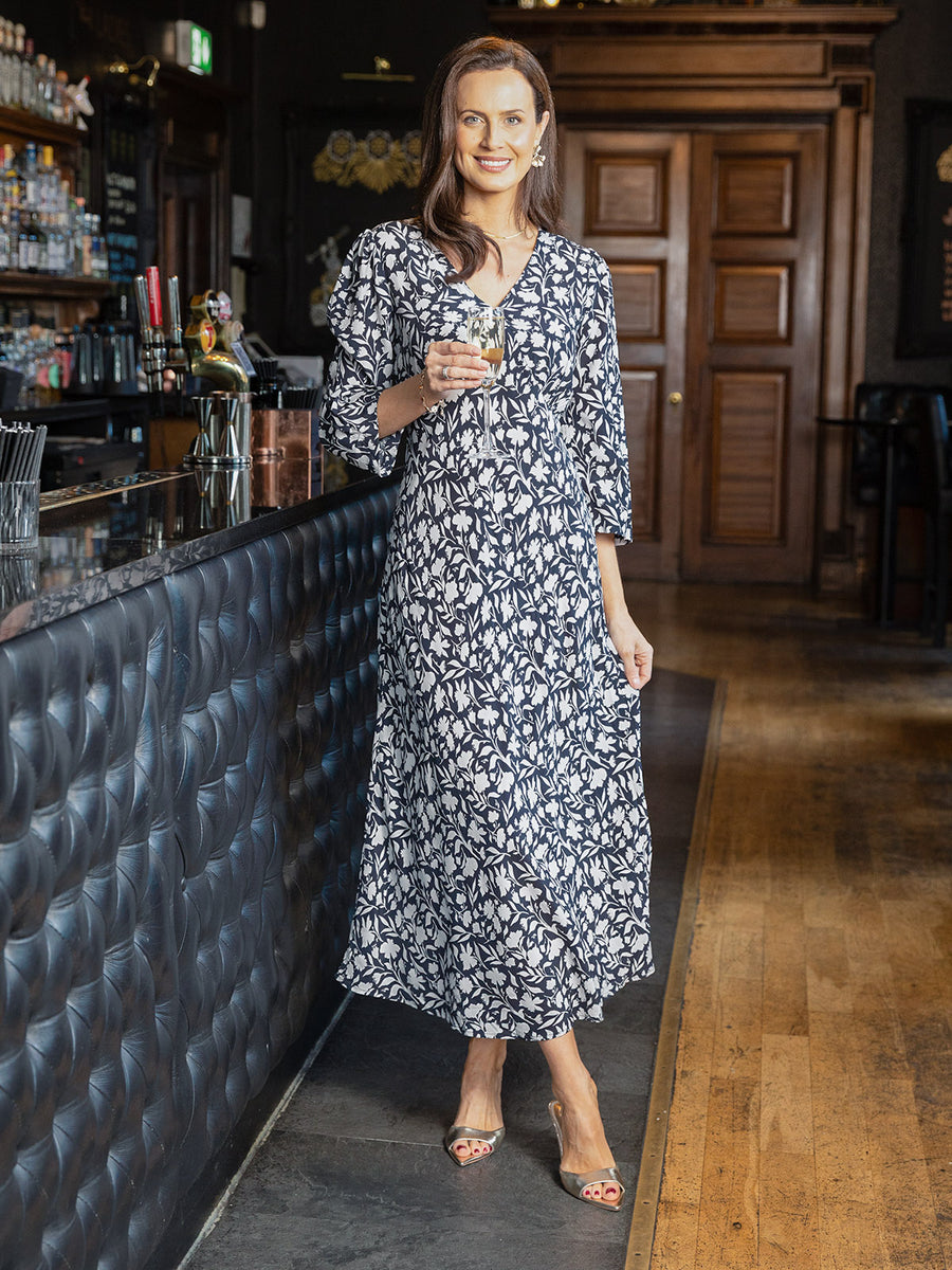 Joanna Bias Cut Dress - Monochrome Floral