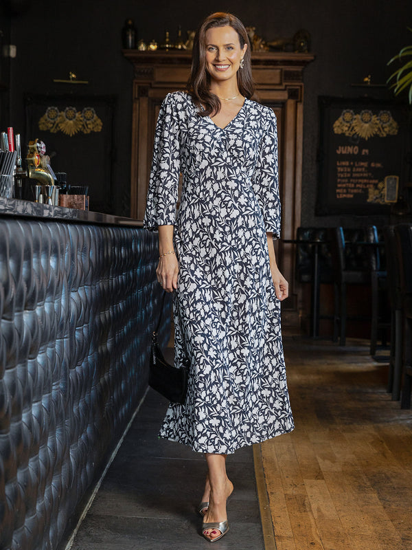 Joanna Bias Cut Dress - Monochrome Floral