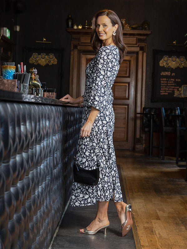 Joanna Bias Cut Dress - Monochrome Floral