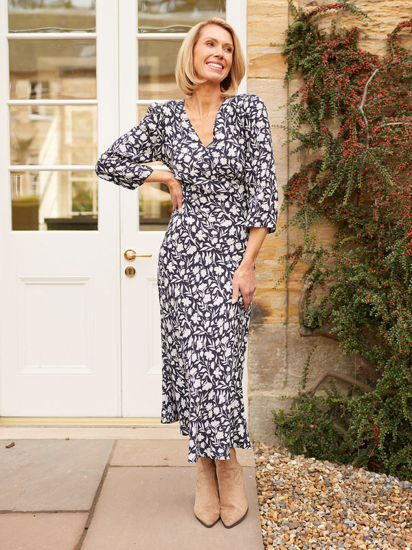 Joanna Bias Cut Dress - Monochrome Floral