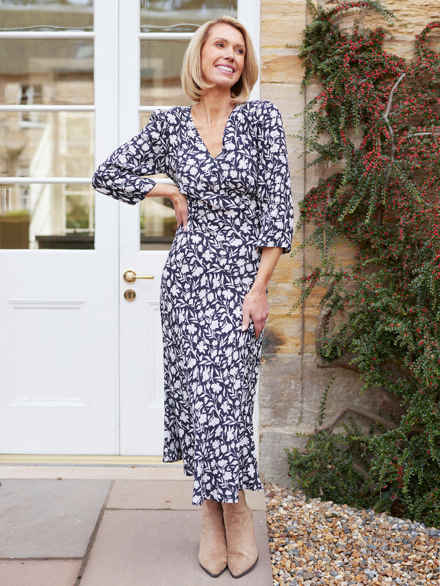 Joanna Bias Cut Dress - Monochrome Floral