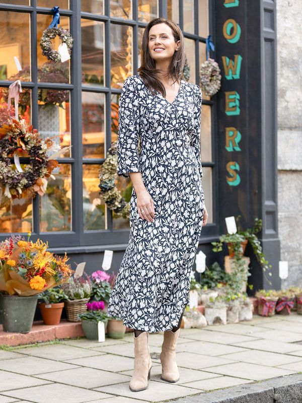 Joanna Bias Cut Dress - Monochrome Floral