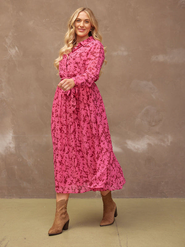 Julia - Printed Shirt Midi Dress - Pink Floral