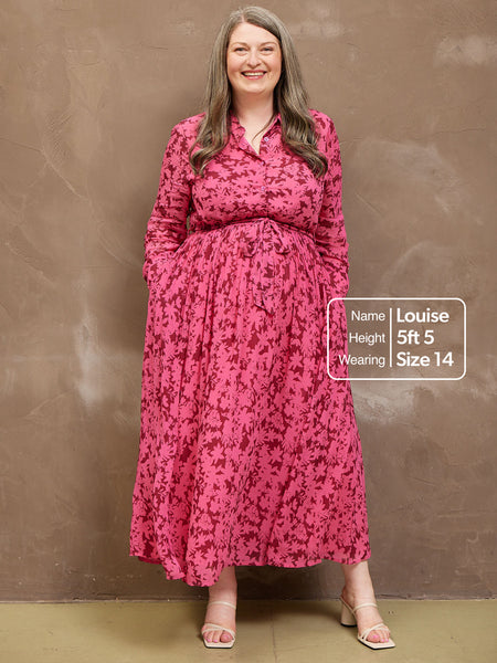 Julia - Printed Shirt Midi Dress - Pink Floral