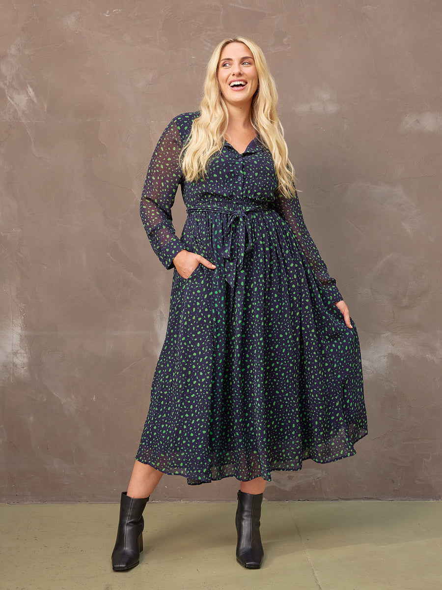 Julia - Printed Shirt Midi Dress - Navy and Green