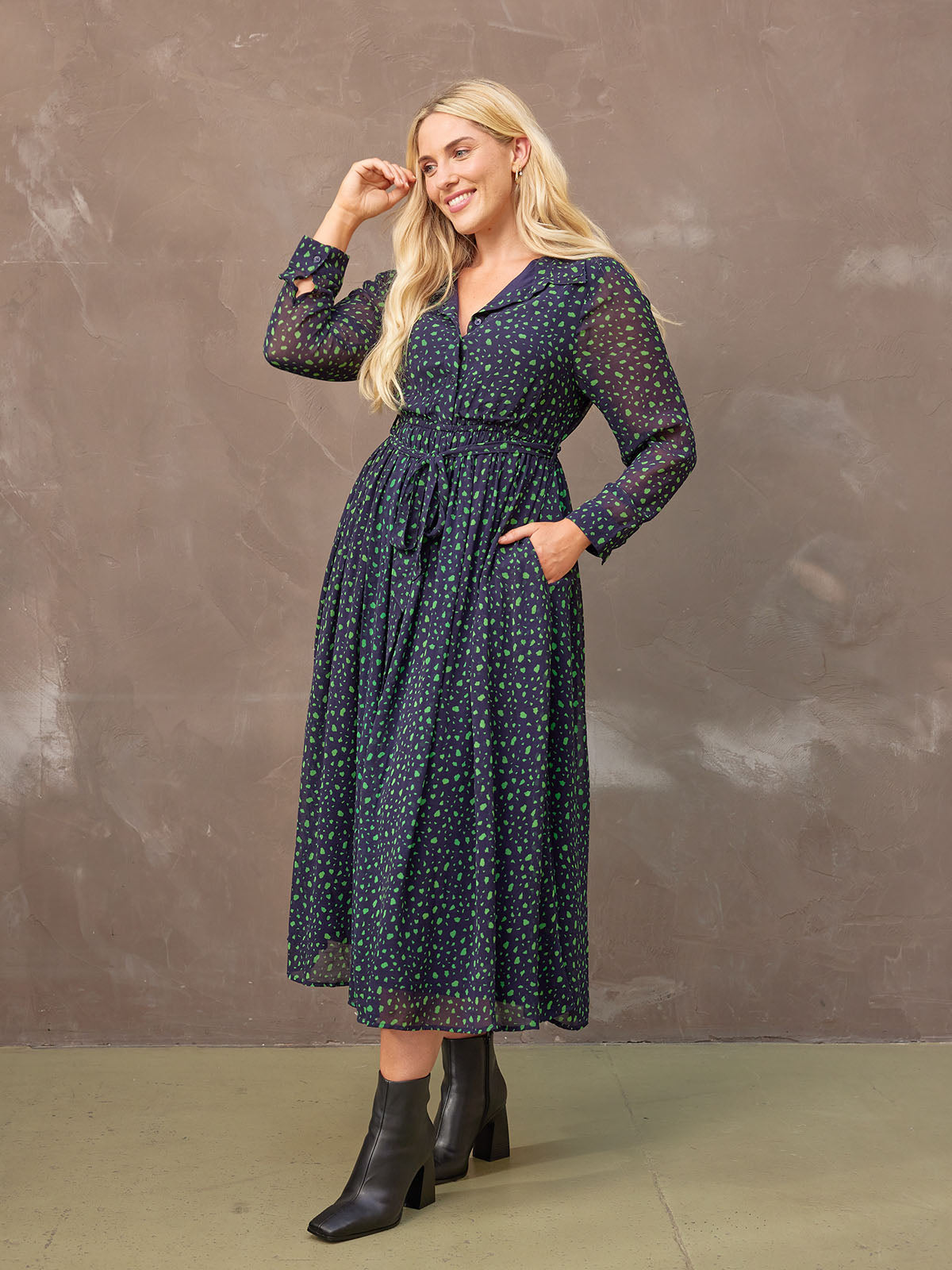 Julia - Printed Shirt Midi Dress - Navy and Green This is Unfolded Julia - Printed Shirt Midi Dress - Navy and Green This is Unfolded