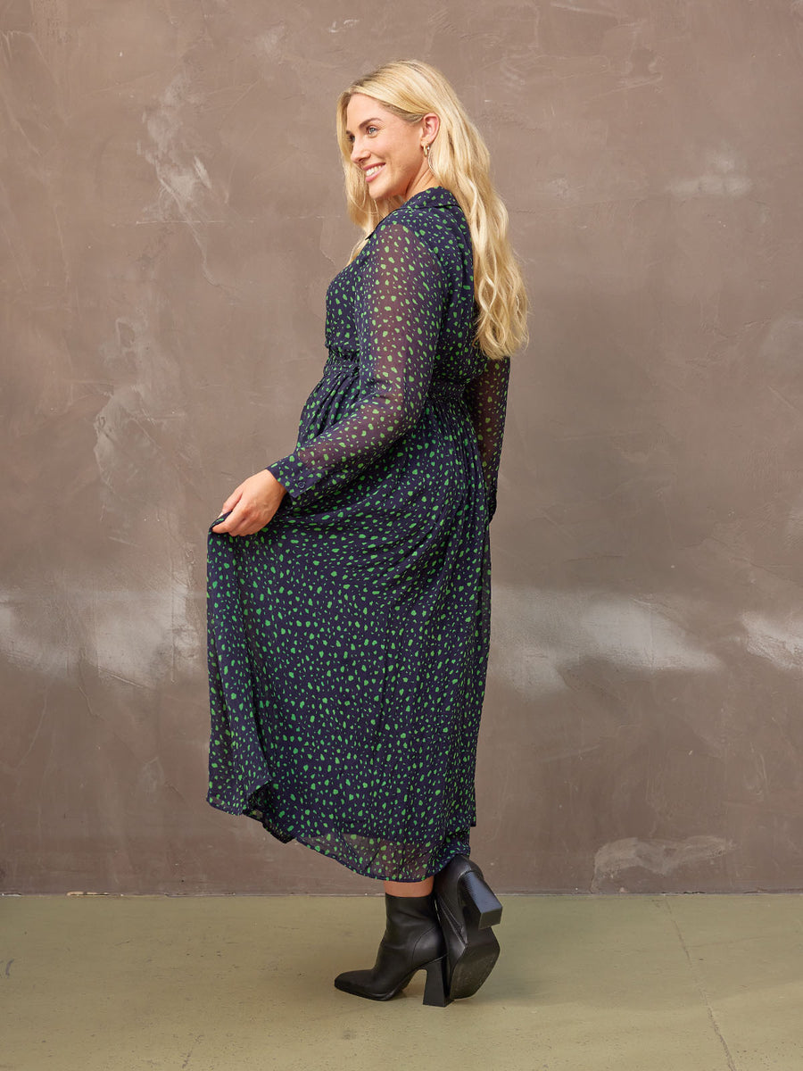 Julia - Printed Shirt Midi Dress - Navy and Green