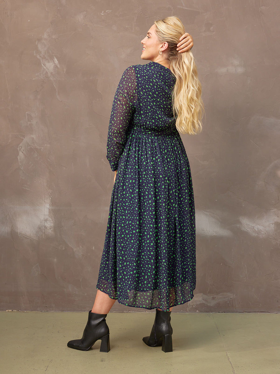 Julia - Printed Shirt Midi Dress - Navy and Green