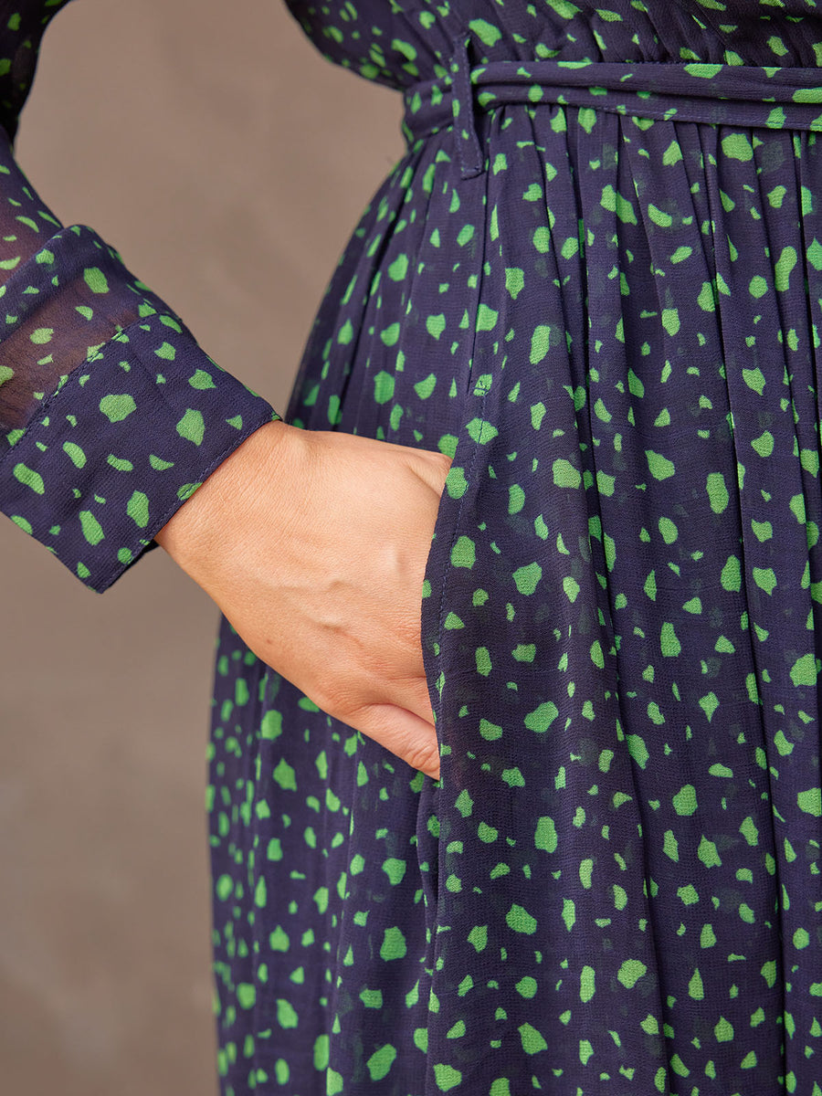 Julia - Printed Shirt Midi Dress - Navy and Green