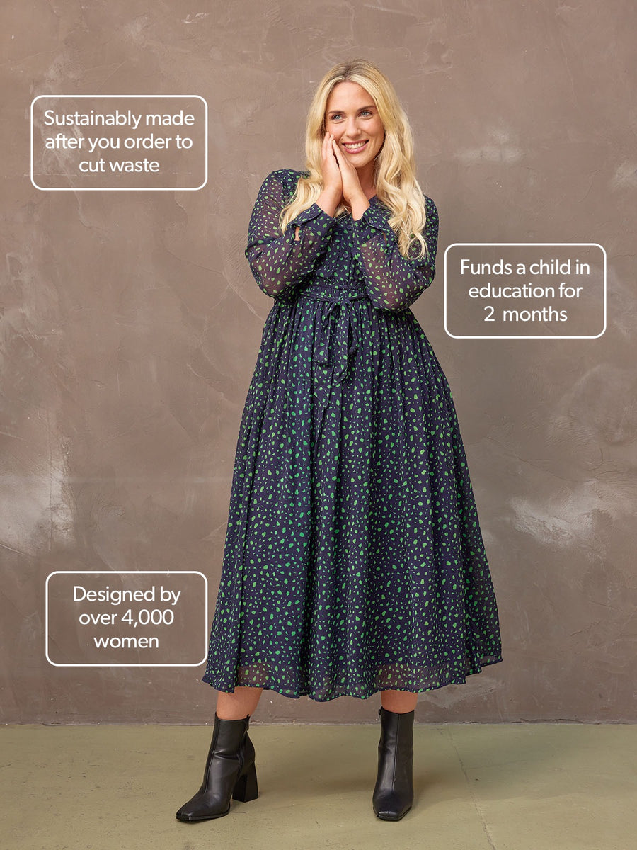 Julia - Printed Shirt Midi Dress - Navy and Green