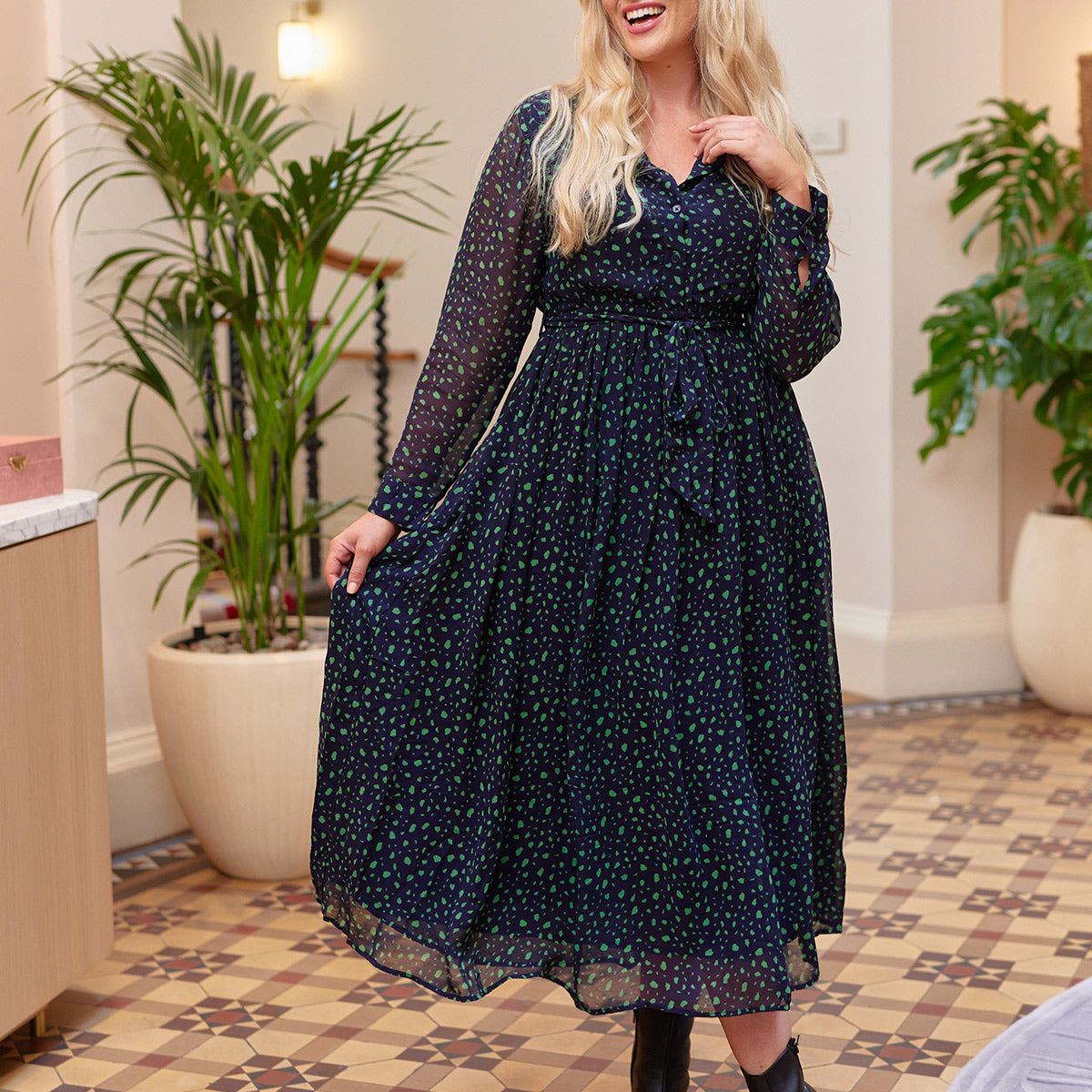 Julia - Printed Shirt Midi Dress - Navy and Green – This is Unfolded