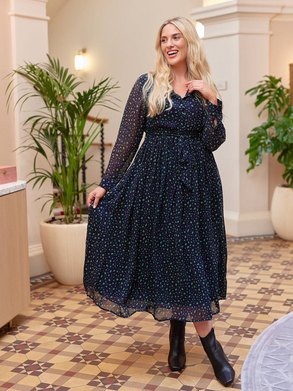 Julia - Printed Shirt Midi Dress - Navy and Green This is Unfolded Julia - Printed Shirt Midi Dress - Navy and Green This is Unfolded