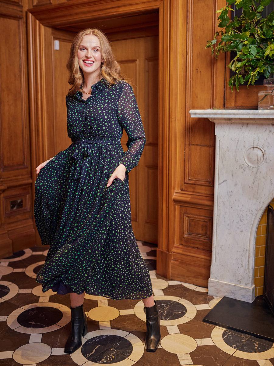 Julia - Printed Shirt Midi Dress - Navy and Green