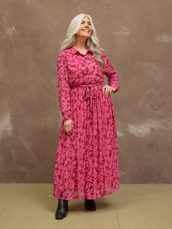 Julia - Printed Shirt Midi Dress - Pink Floral