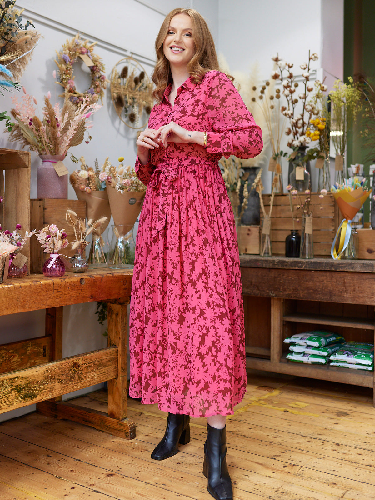 Julia - Printed Shirt Midi Dress - Pink Floral This is Unfolded Julia - Printed Shirt Midi Dress - Pink Floral This is Unfolded