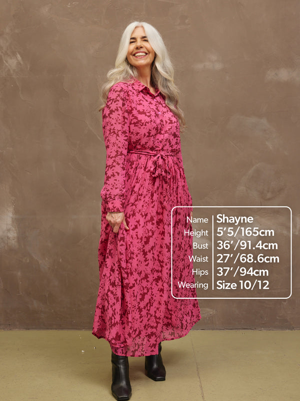 Julia - Printed Shirt Midi Dress - Pink Floral
