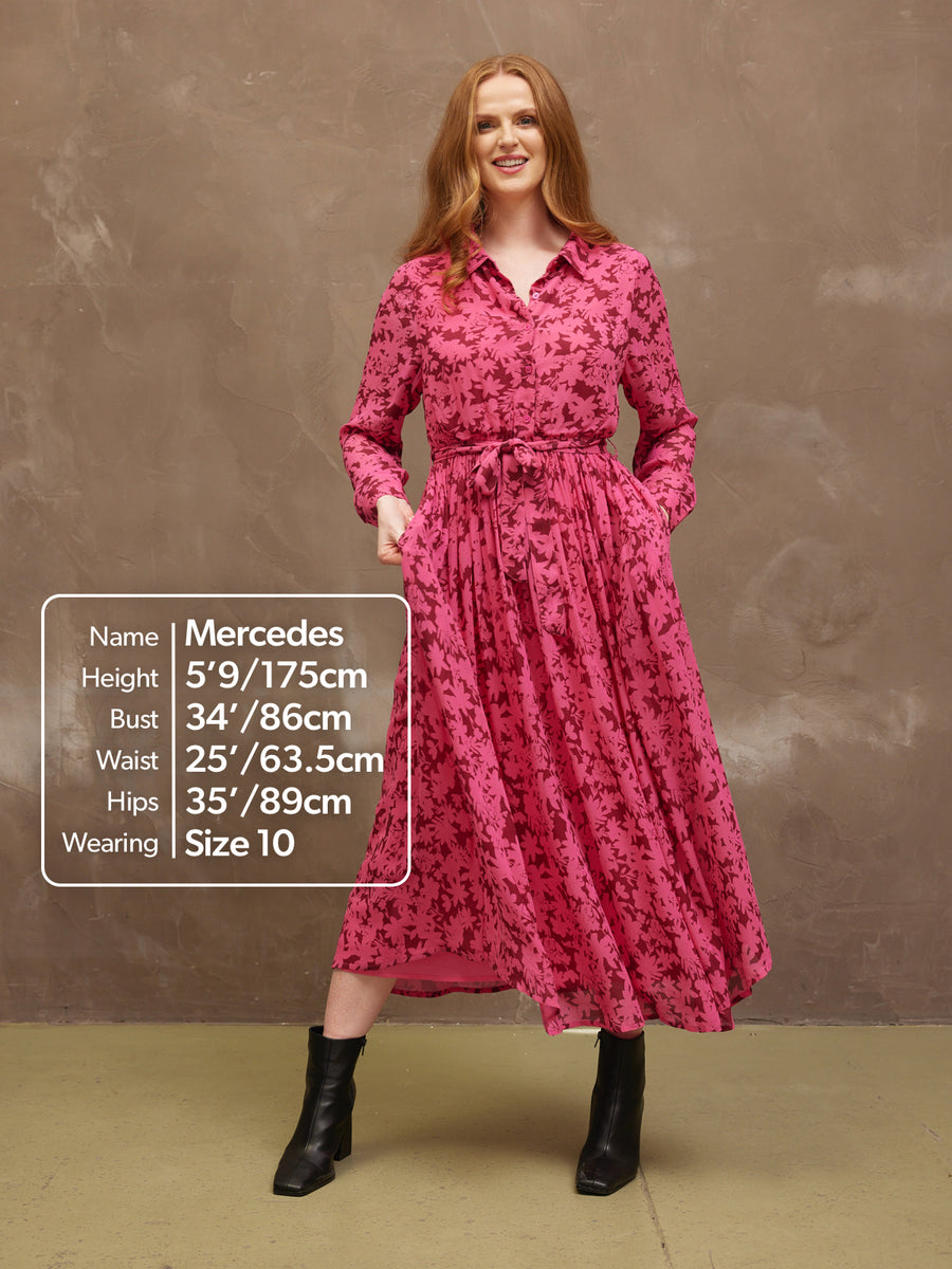 Julia - Printed Shirt Midi Dress - Pink Floral