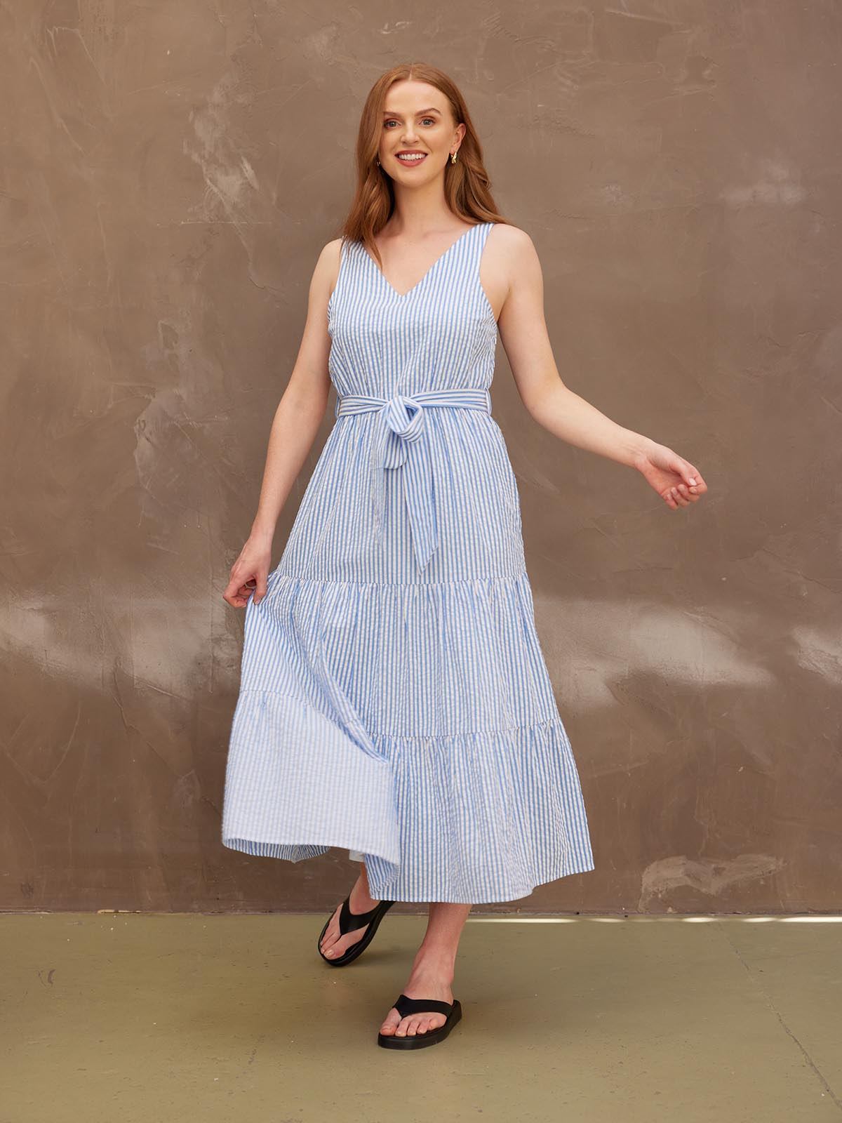 Juniper - Tiered Stripe Dress - Blue Stripe