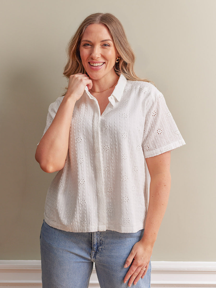 Kari Broderie Short Sleeve Shirt - White