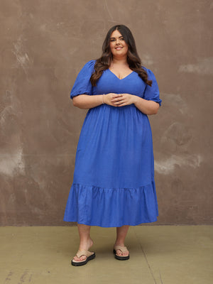 Kate - V Neck Tiered Dress - Blue