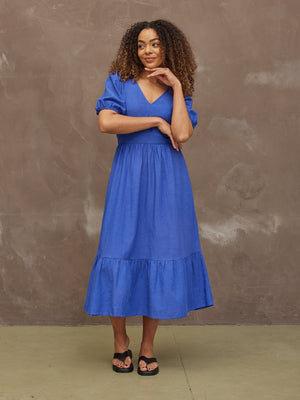 Kate - V Neck Tiered Dress - Blue