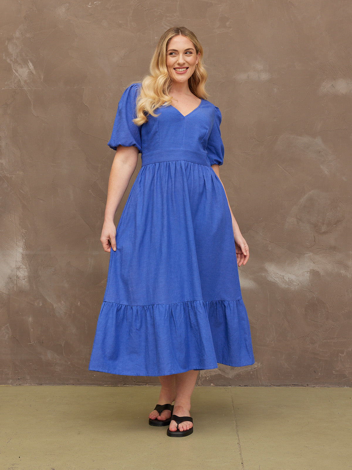 Kate - V Neck Tiered Dress - Blue