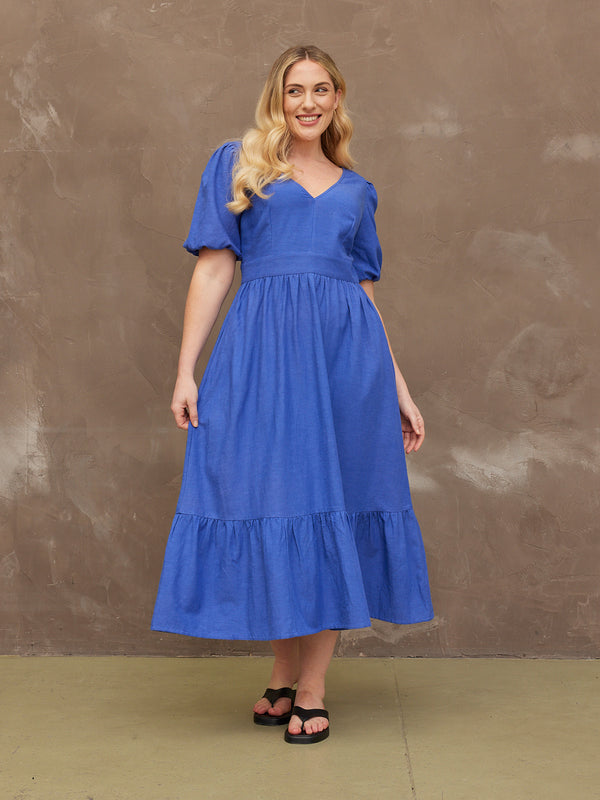 Kate - V Neck Tiered Dress - Blue