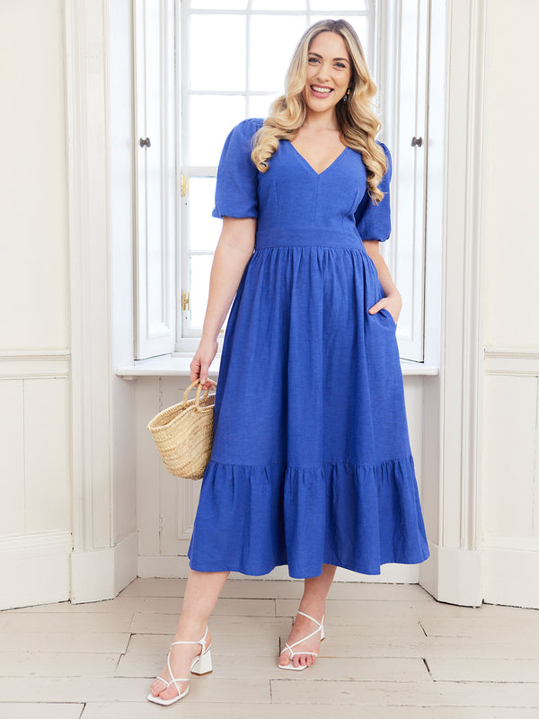 Kate - V Neck Tiered Dress - Blue