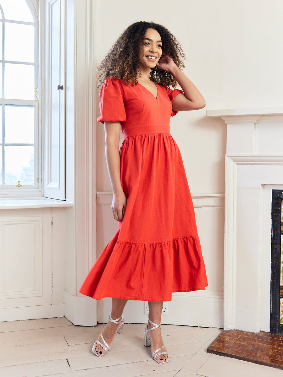 Kate - V Neck Tiered Dress - Red - Sample