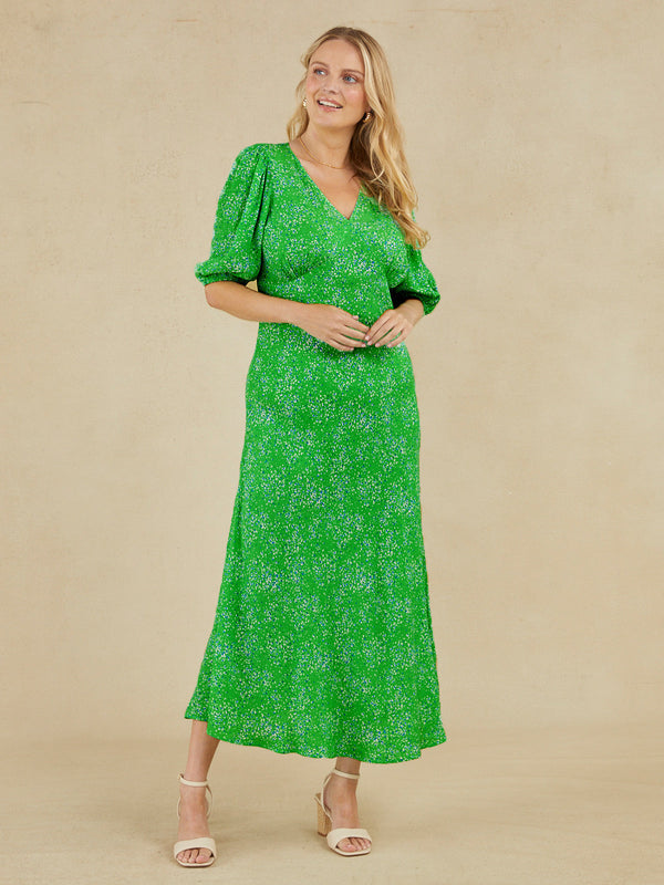 Katie - V Neck Tea Dress - Green Smudge Leopard Print
