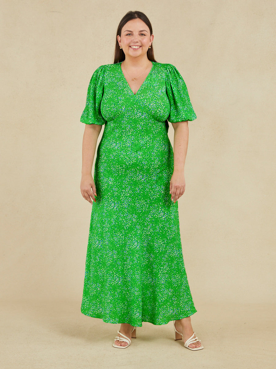 Katie - V Neck Tea Dress - Green Smudge Leopard Print