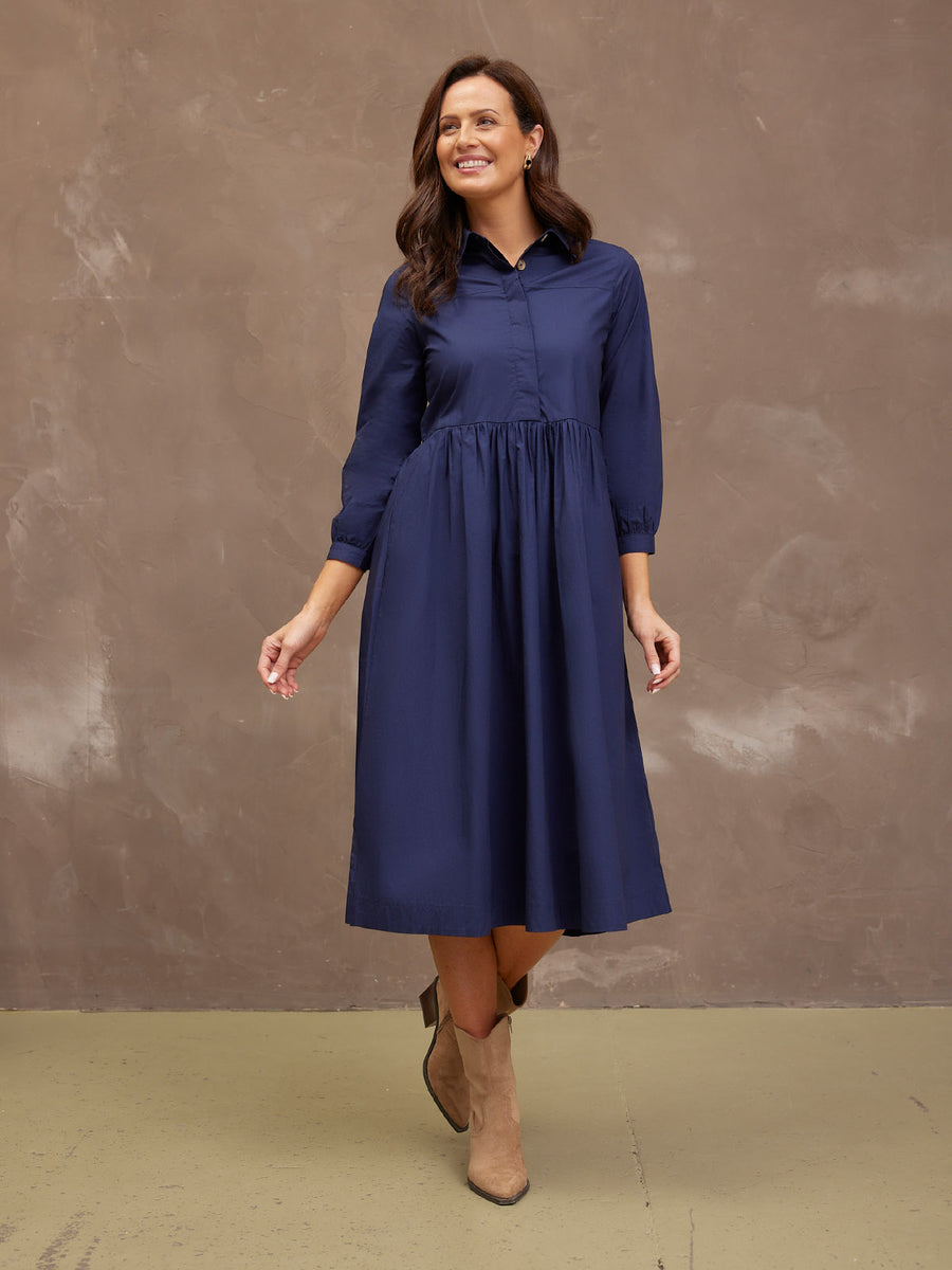 Katrina Cotton Shirt Dress - Navy