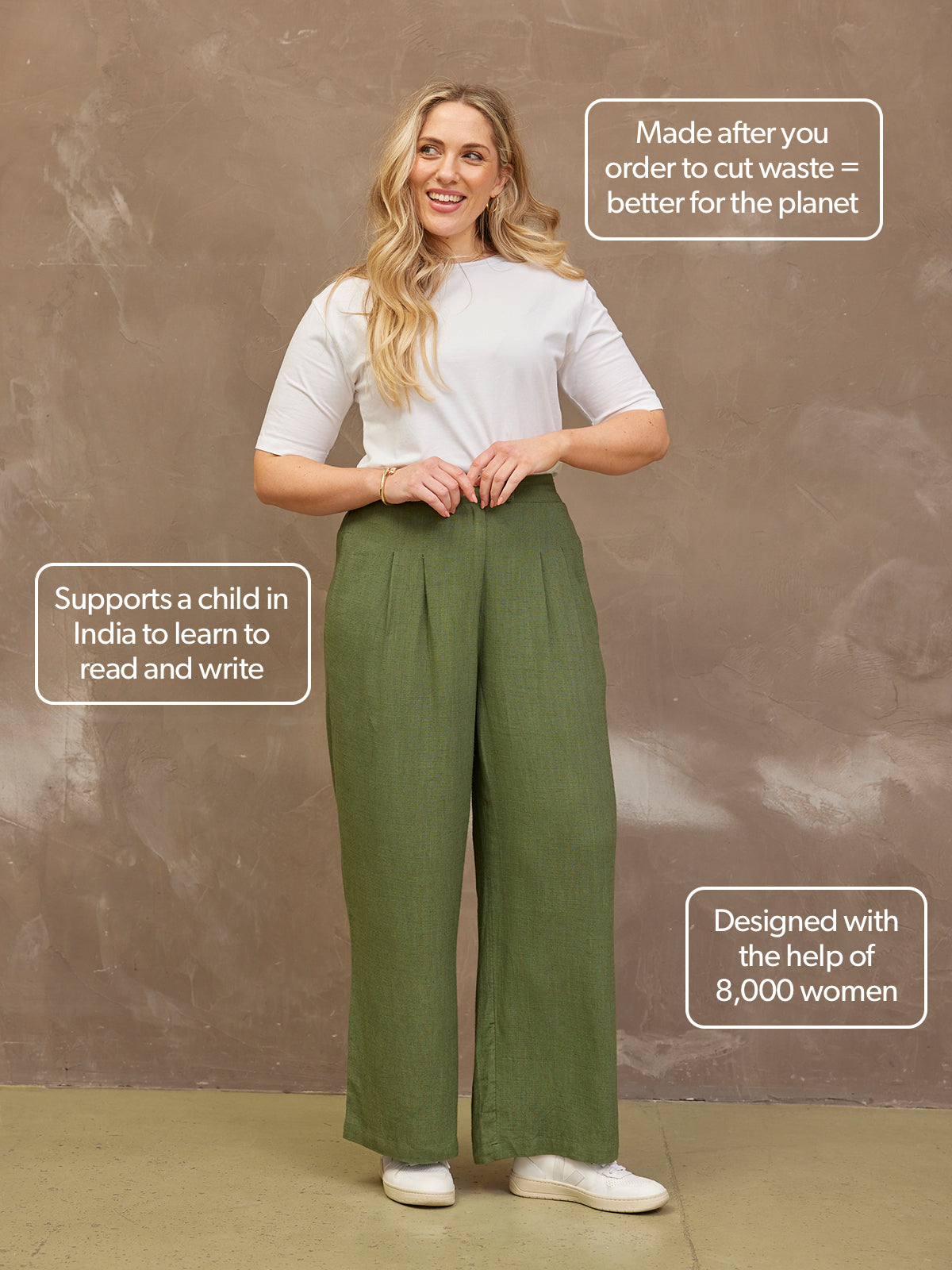 Woman in white shirt and green pants with ethical fashion text annotations.